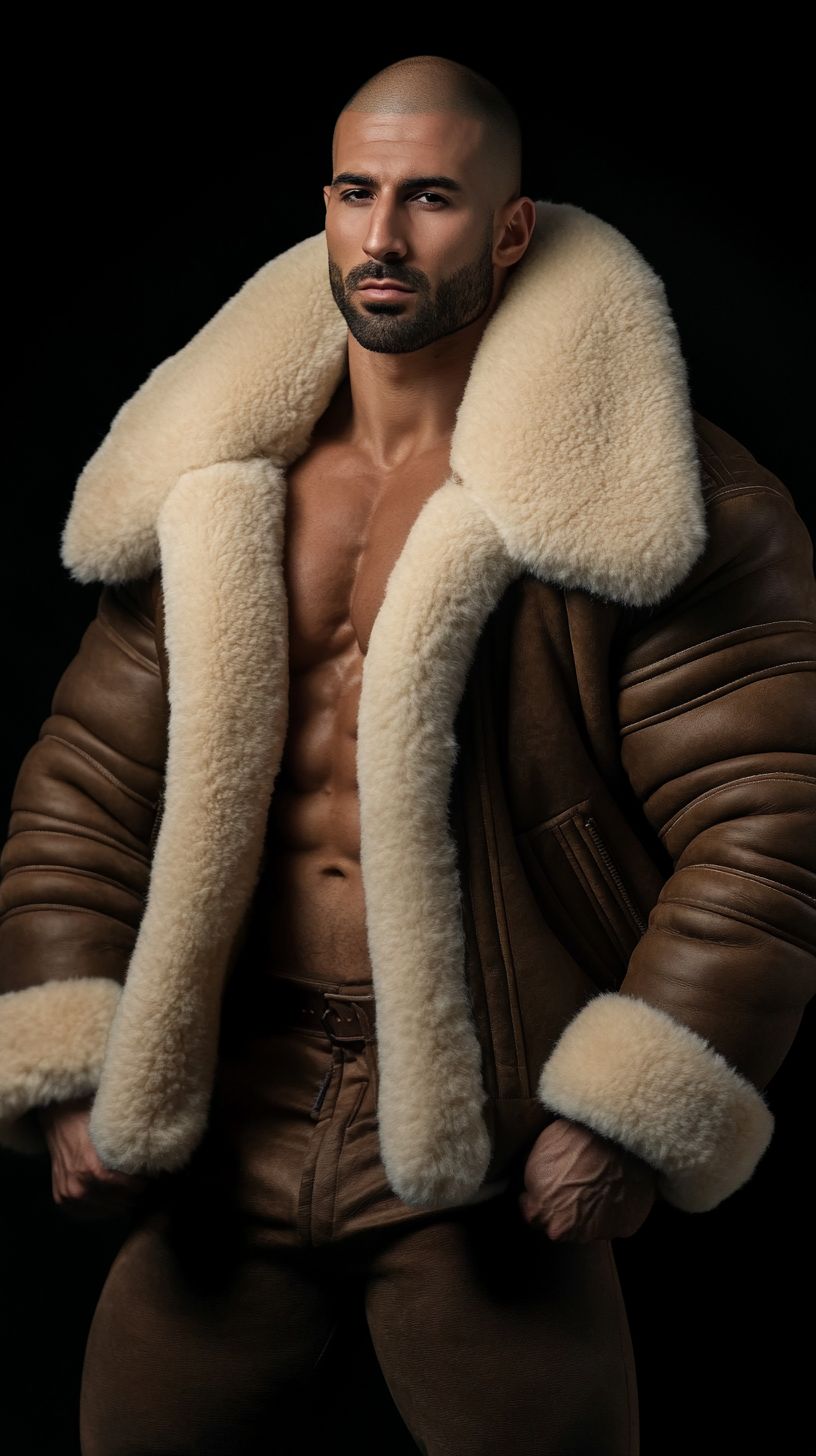 Homme élégant portant un blouson aviateur en cuir avec une fourrure de mouton, incarnant la perfection du style masculin.