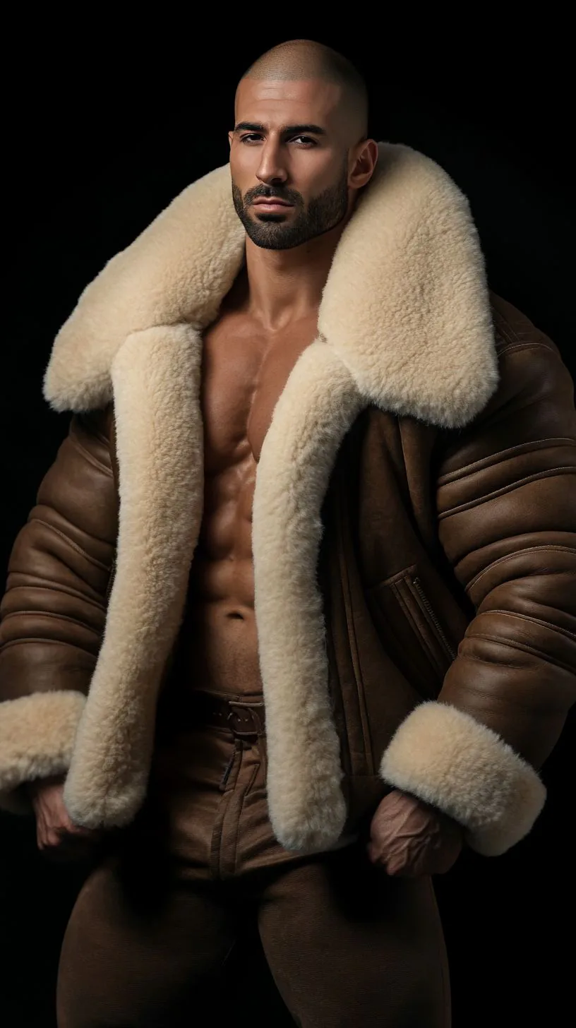Homme élégant portant un blouson aviateur en cuir avec une fourrure de mouton, incarnant la perfection du style masculin.