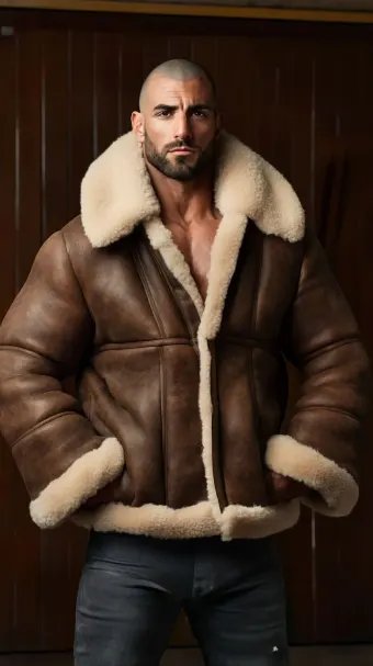 Silhouette masculine en blouson aviateur cuir et mouton retourné — planche 208