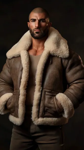 Silhouette masculine en blouson aviateur cuir et mouton retourné — planche 338