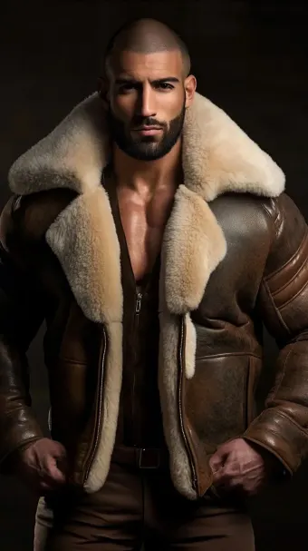 Silhouette masculine en blouson aviateur cuir et mouton retourné — planche 410