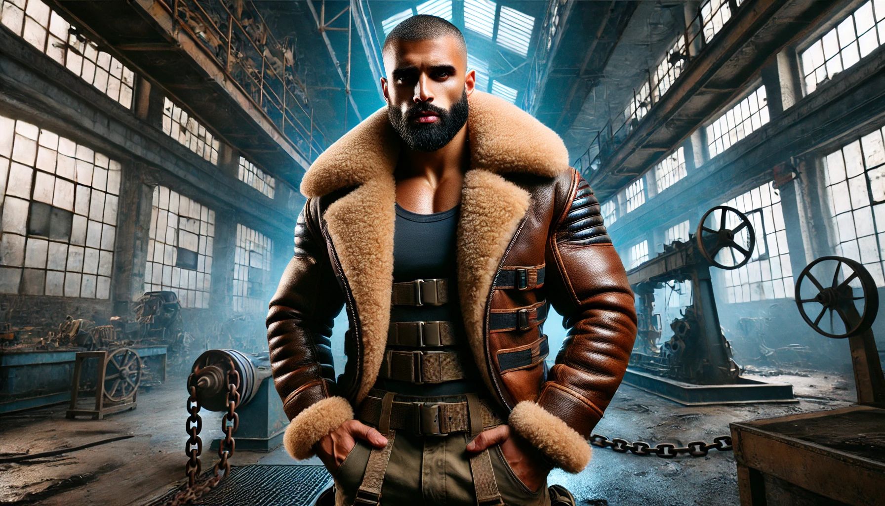 Illustration d'un superhéros vêtu d'un blouson aviateur en cuir avec une fourrure de mouton, symbolisant force et style.