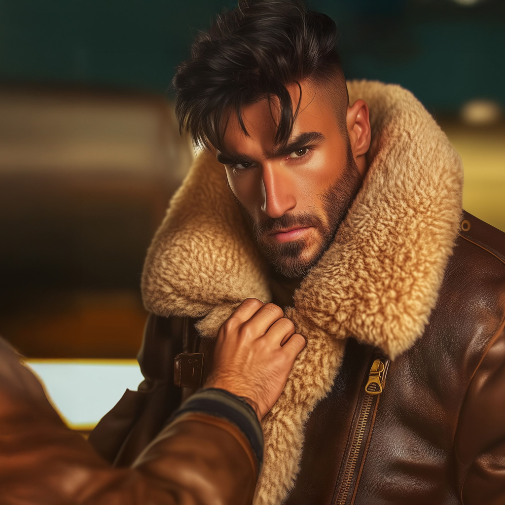 Portrait hyperréaliste d’un homme au regard intense, portant un blouson aviateur en cuir marron avec un col en fourrure de mouton dense et volumineux. Une main masculine attrape doucement le col du blouson, mettant en valeur la texture luxueuse de la fourrure. L’éclairage chaud et l’arrière-plan flou ajoutent une atmosphère intime et élégante.