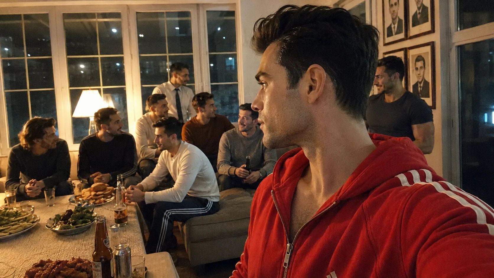 Homme en veste de survêtement rouge, de profil, dans un salon où des amis attablés discutent - soirée d'hiver, la ville la nuit derrière les vitres.