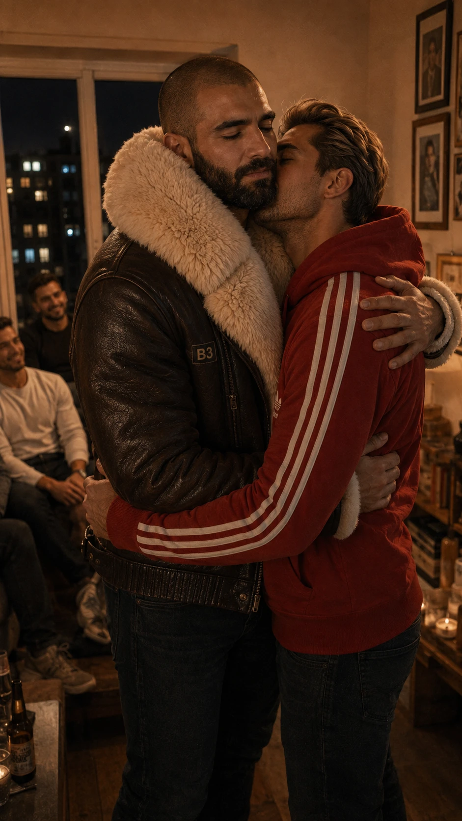 Deux hommes enlacés, l'un en blouson aviateur B-3 au col de mouton retourné écru très épais, l'autre en survêtement rouge ; des amis les regardent.