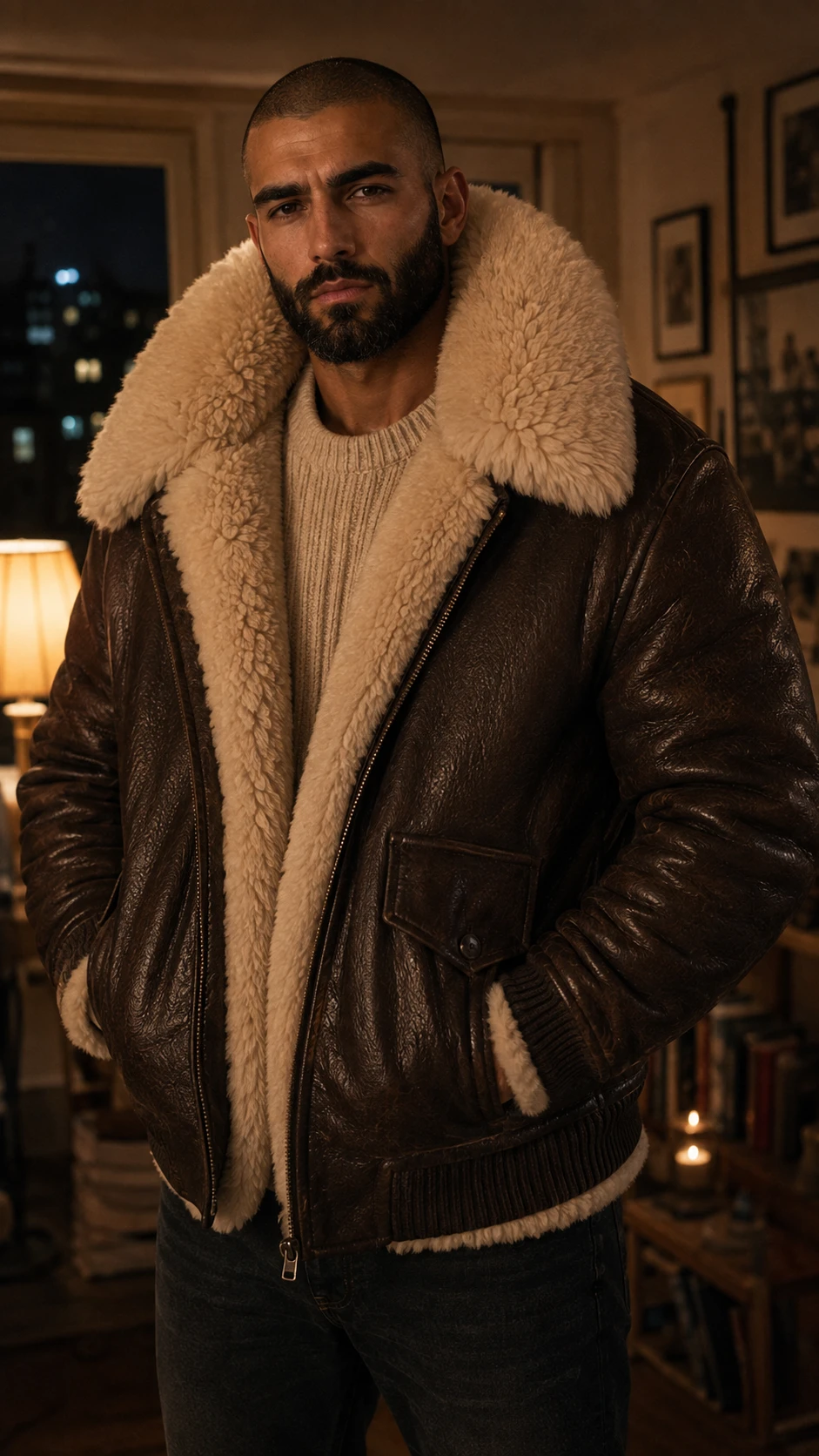 Homme barbu au crâne ras, blouson aviateur B-3 en cuir brun ouvert sur un pull écru, col et bas en mouton retourné épais.