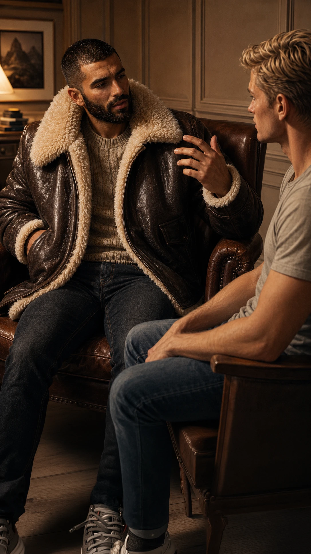 Homme assis dans un fauteuil de cuir, blouson aviateur ouvert sur un pull beige, col de mouton retourné déployé sur les épaules.