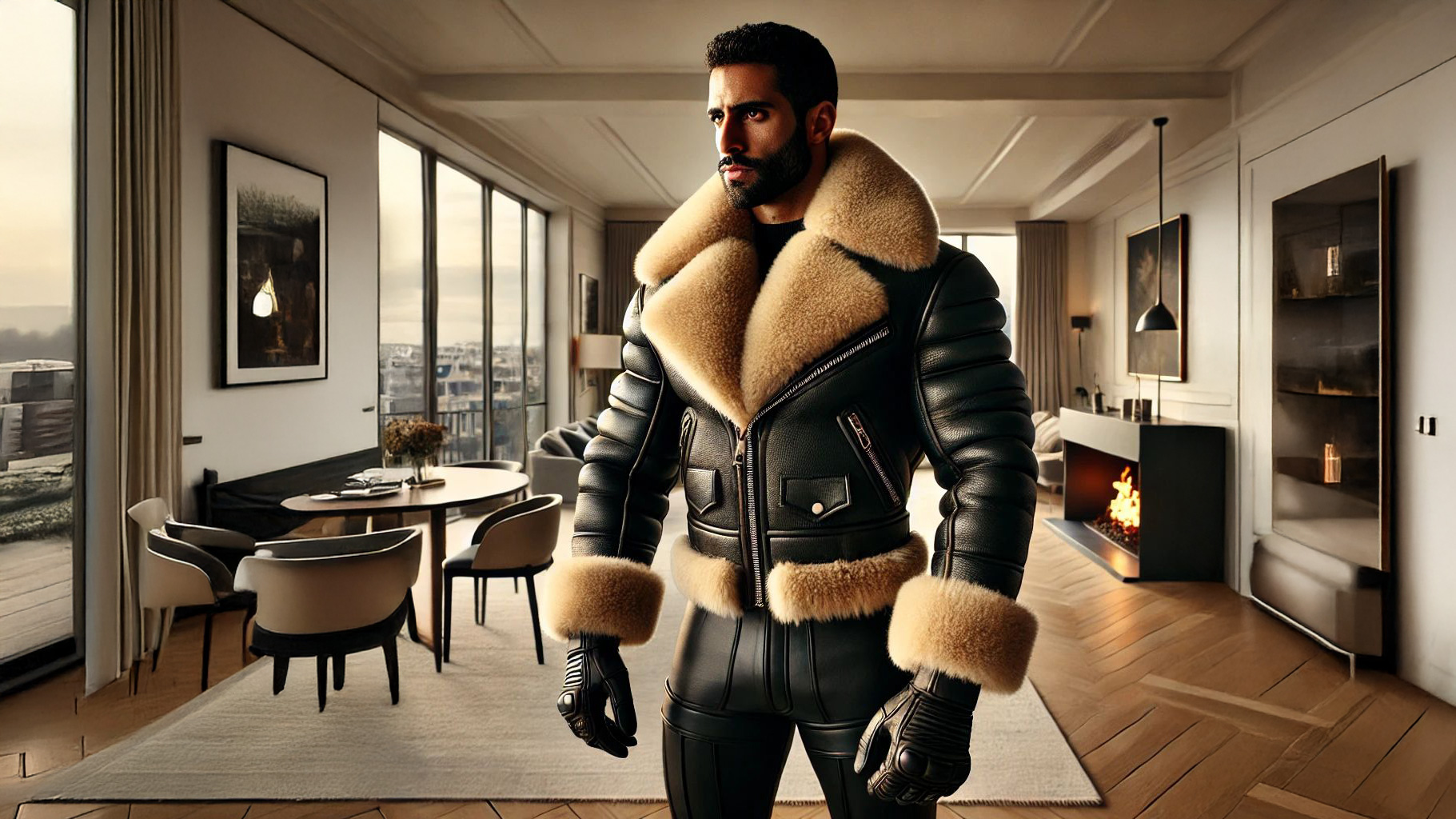 Homme élégant debout dans un salon moderne, vêtu d’un blouson aviateur noir en cuir avec une fourrure crème abondante, offrant une impression de luxe et de confort.
