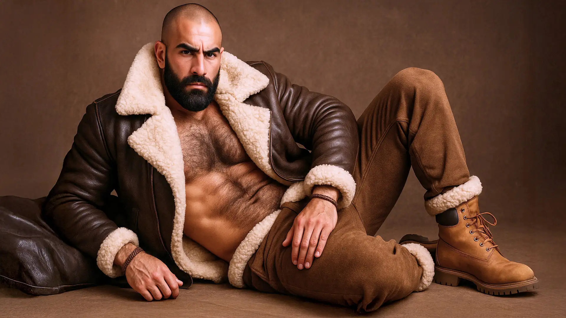 Bombardier en cuir brun avec col shearling écru, coupe aviateur, photo studio