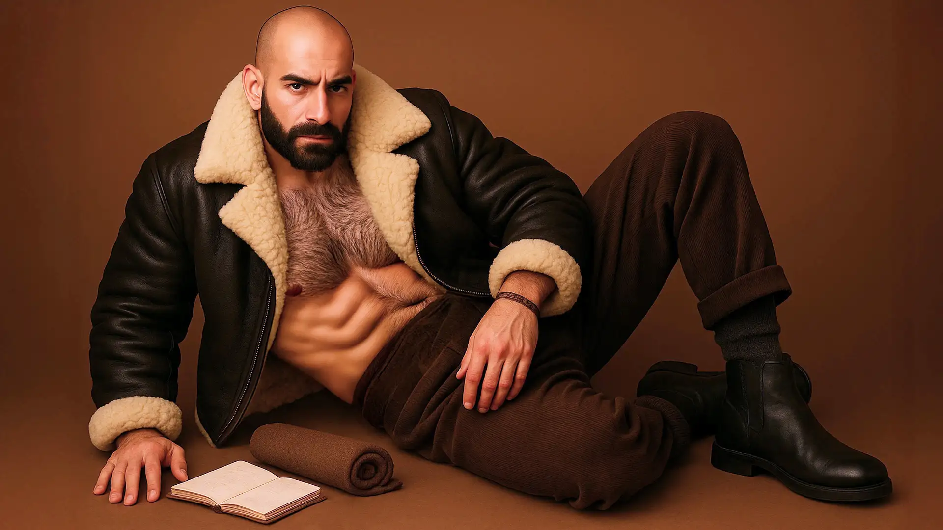 Bombardier en cuir noir et shearling écru, gros col et poignets fourrés, photo studio