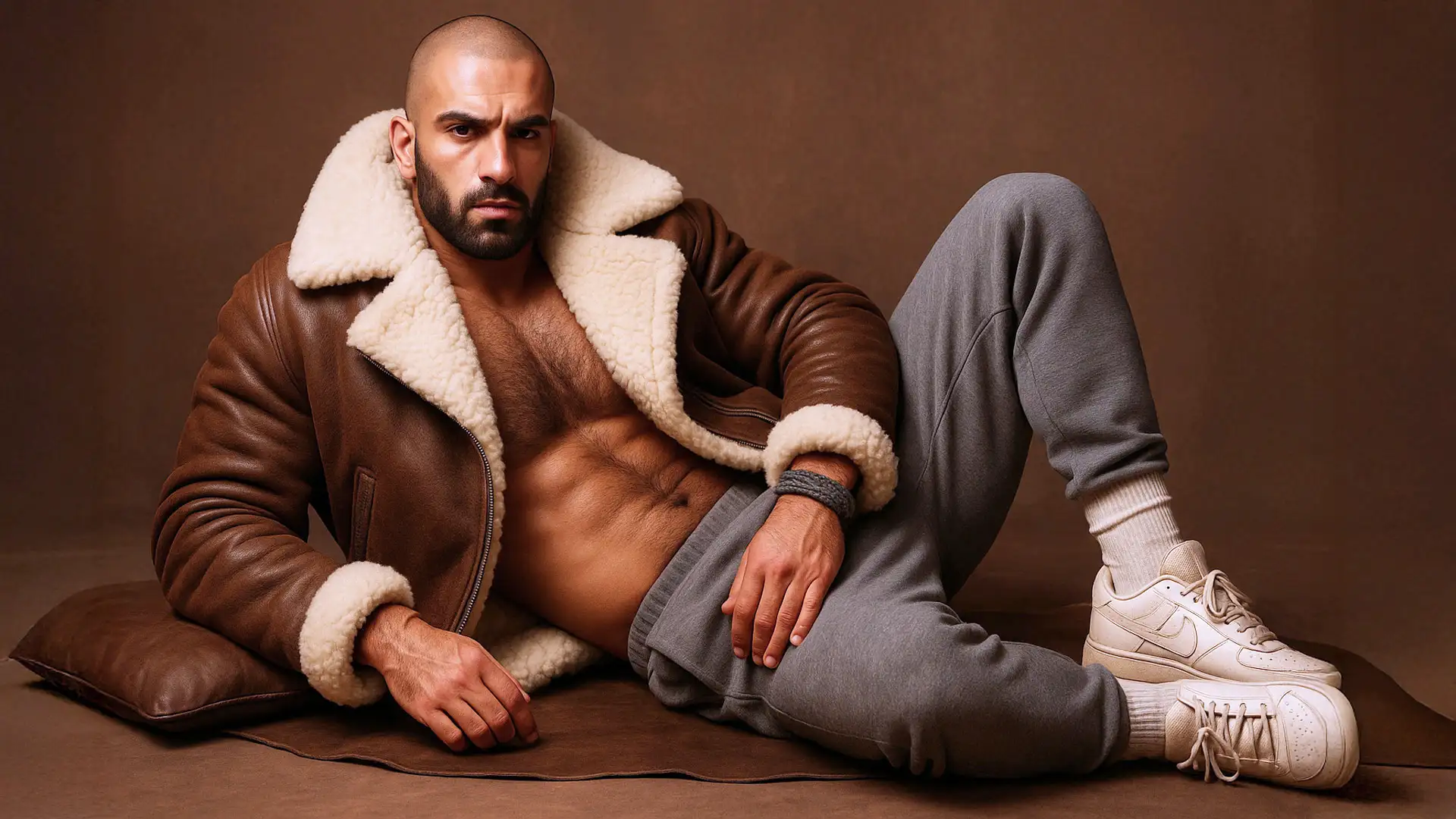 Bombardier en cuir brun et shearling écru, gros col ouvert, look casual studio