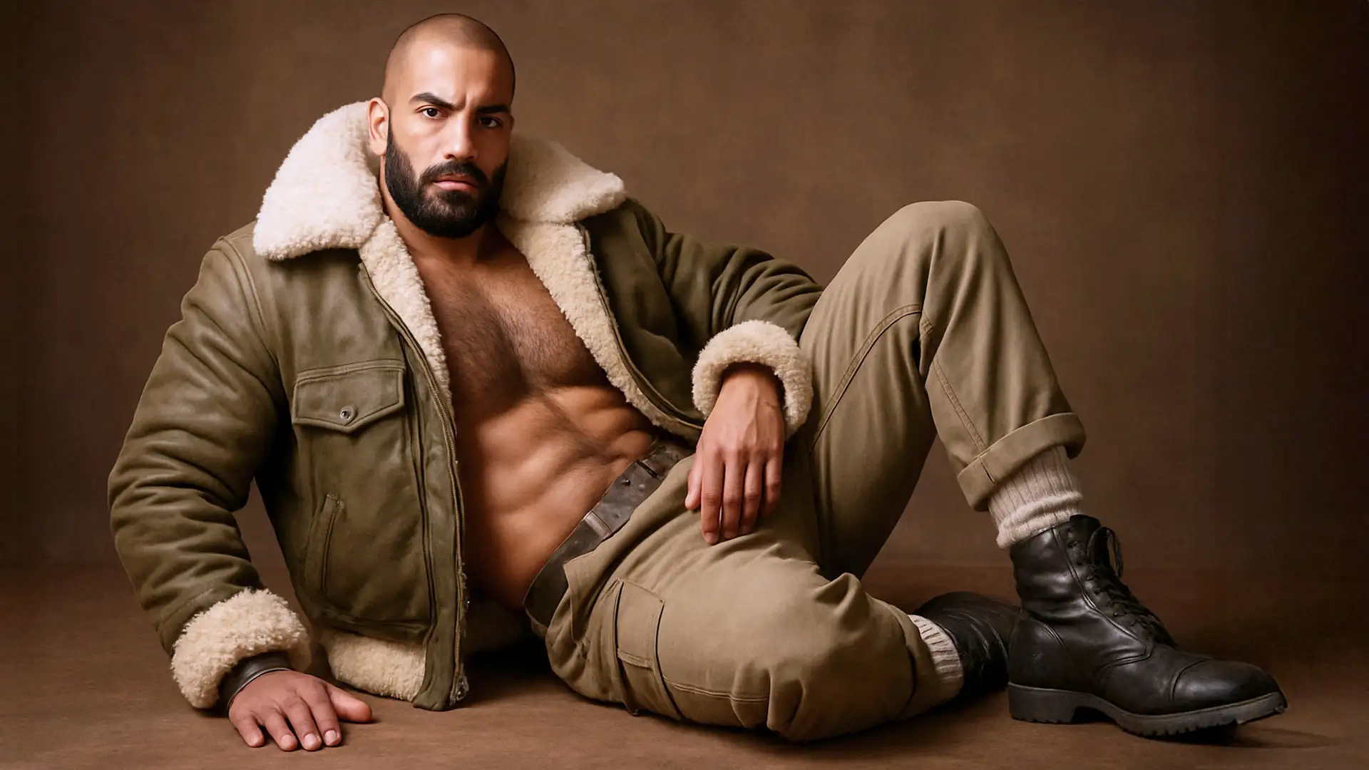 Bombardier en cuir brun et shearling écru avec accessoires pilote, esprit aviateur