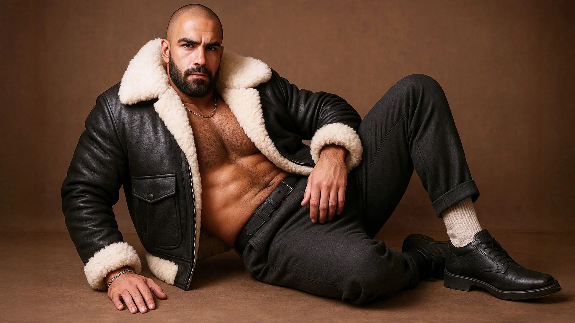 Bombardier en cuir noir, col shearling écru très épais, détails poches et finitions