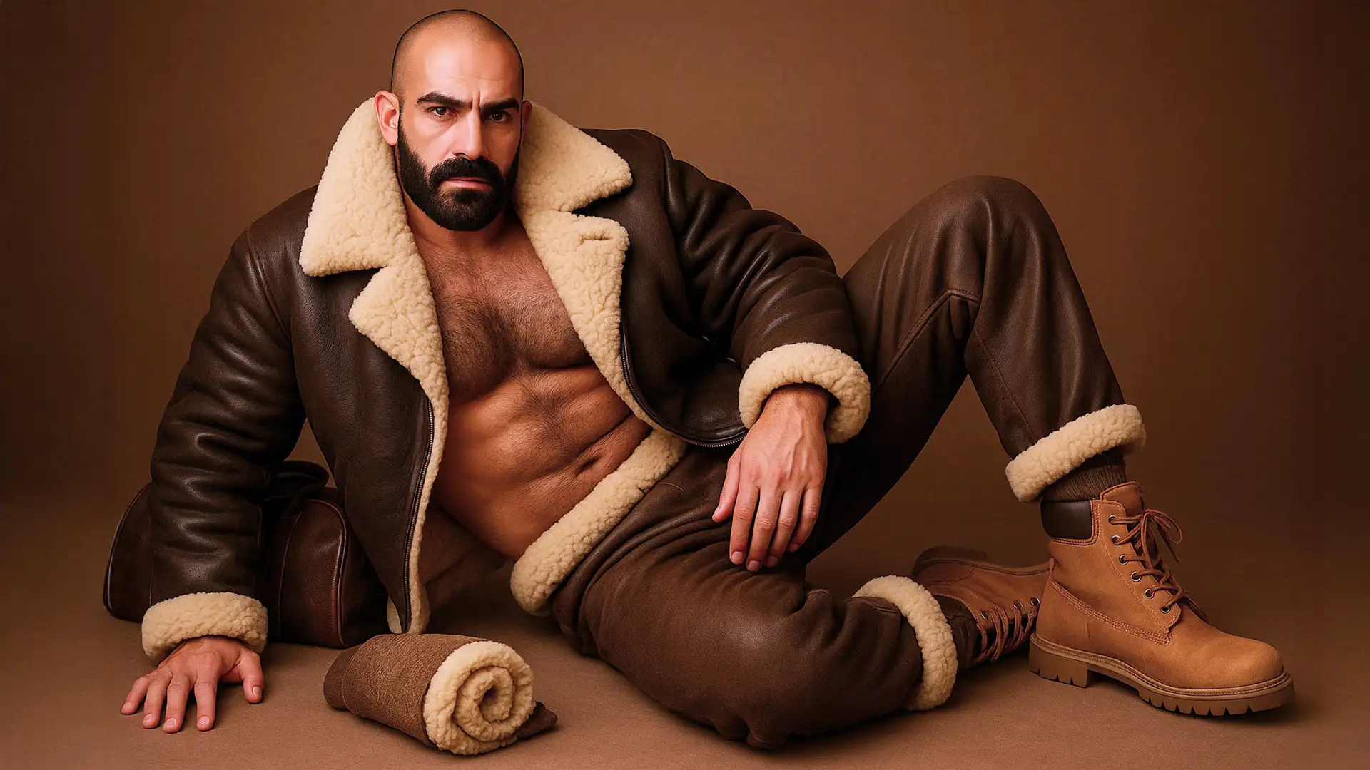 Ensemble complet en peau lainée brune — blouson, pantalon et bottes — avec peau de mouton roulée posée au sol