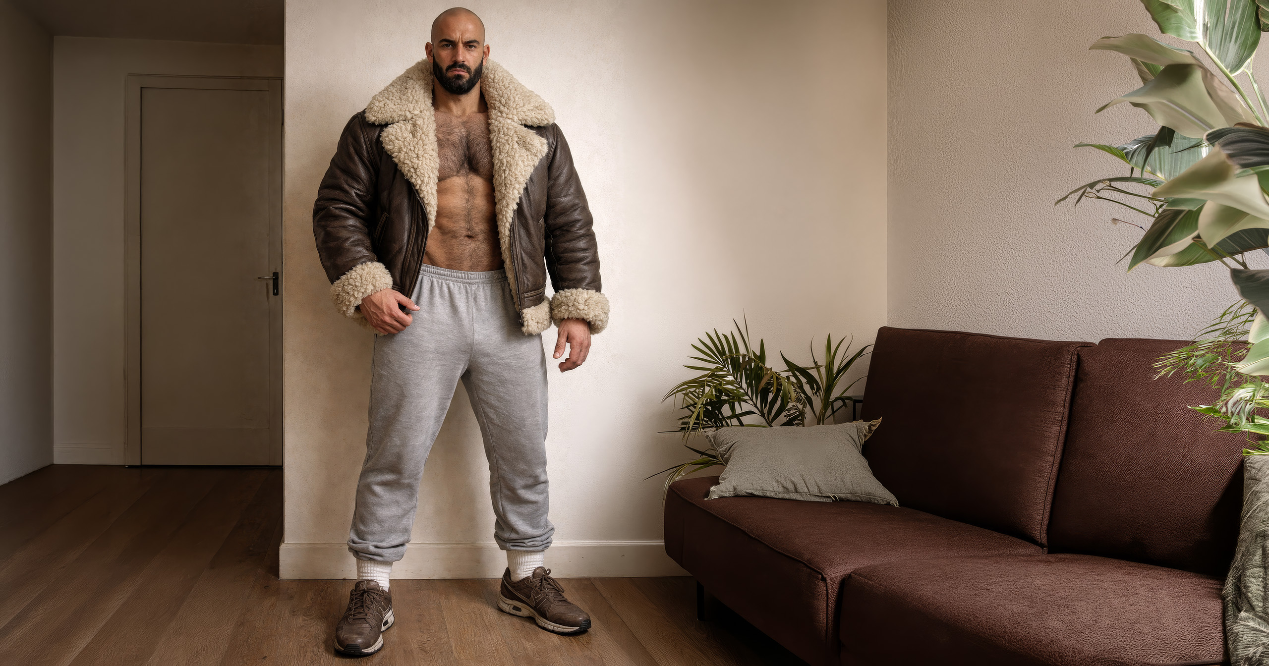 Homme en blouson aviateur shearling ouvert, salon chaleureux