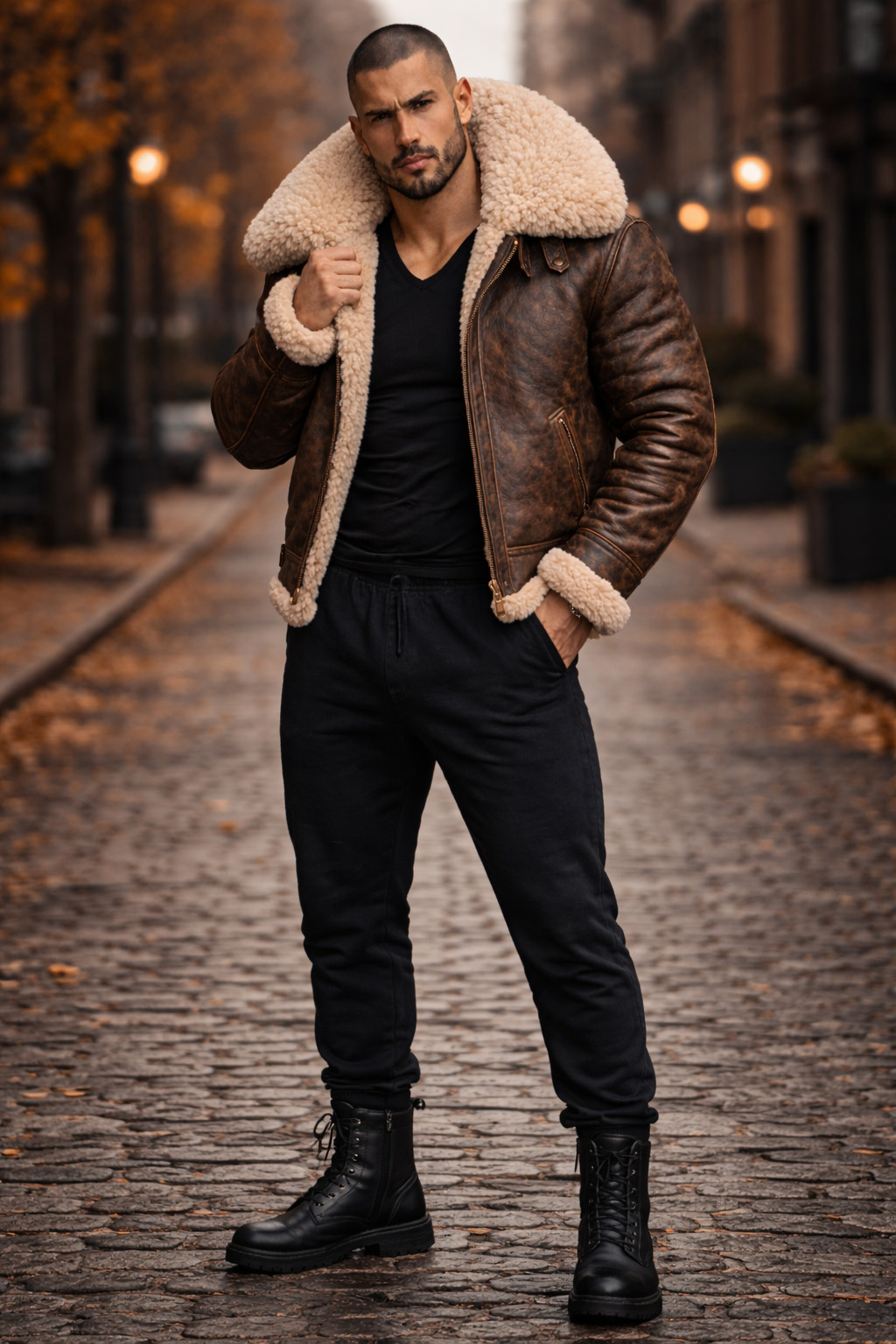 Homme en blouson aviateur cuir et shearling, col épais en fourrure de mouton