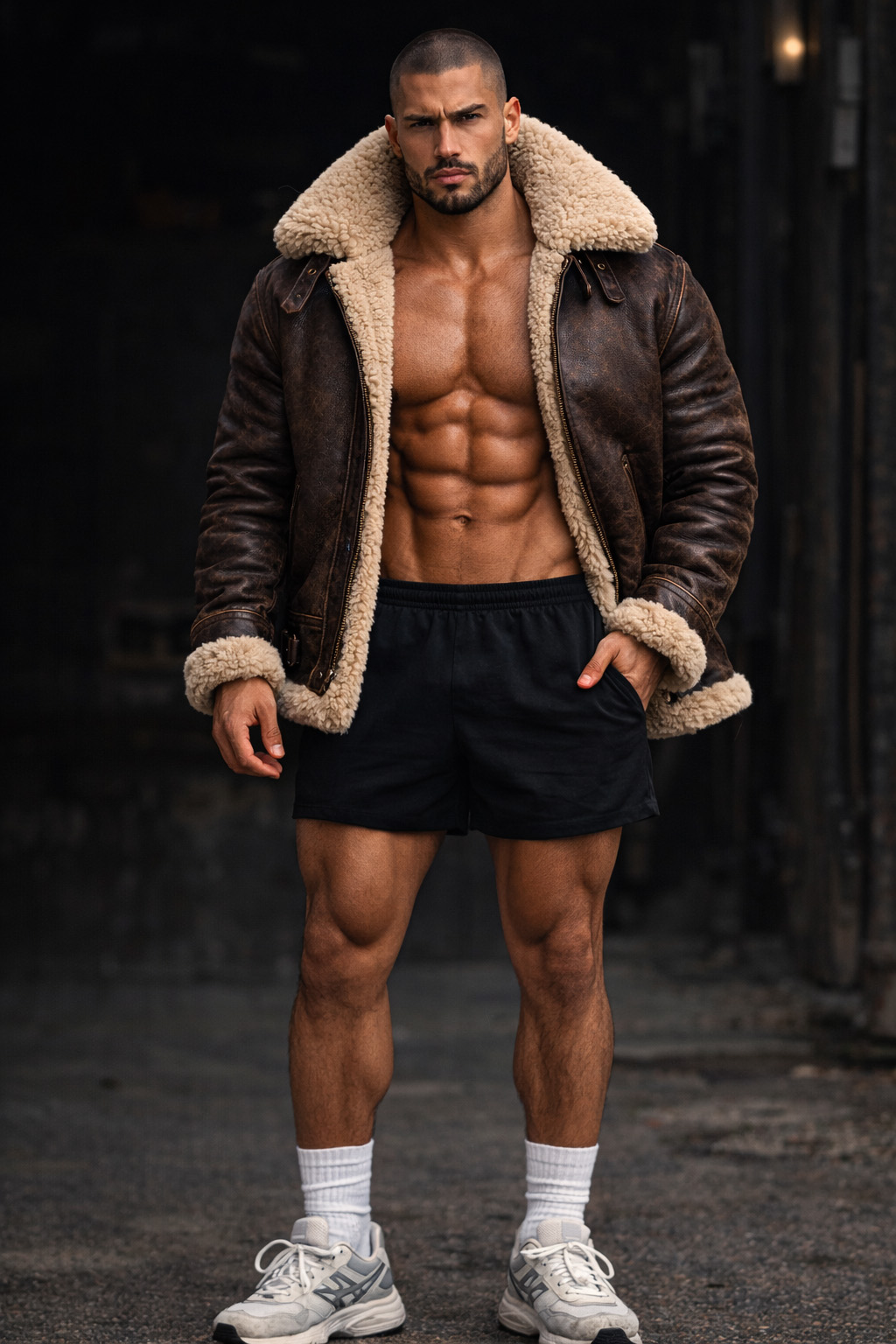 Gros plan col shearling dense sur bombardier en cuir brun