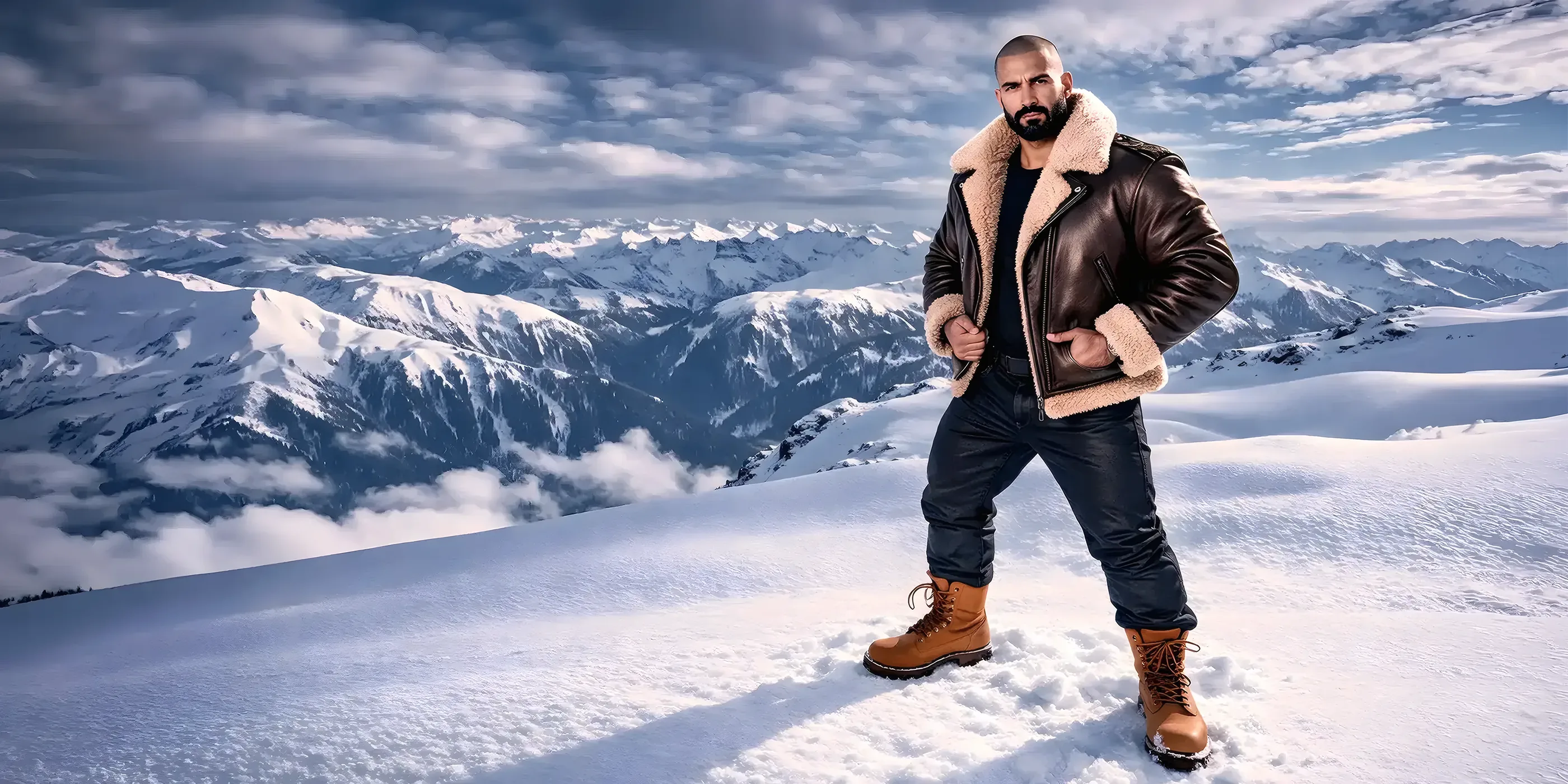 Homme massif au crâne rasé et à la barbe courte, debout dans la neige au sommet d'une crête, blouson aviateur en cuir brun à col de mouton retourné écru ouvert sur un tee-shirt noir, pantalon sombre et bottes fauves, chaîne de sommets enneigés jusqu'à l'horizon.