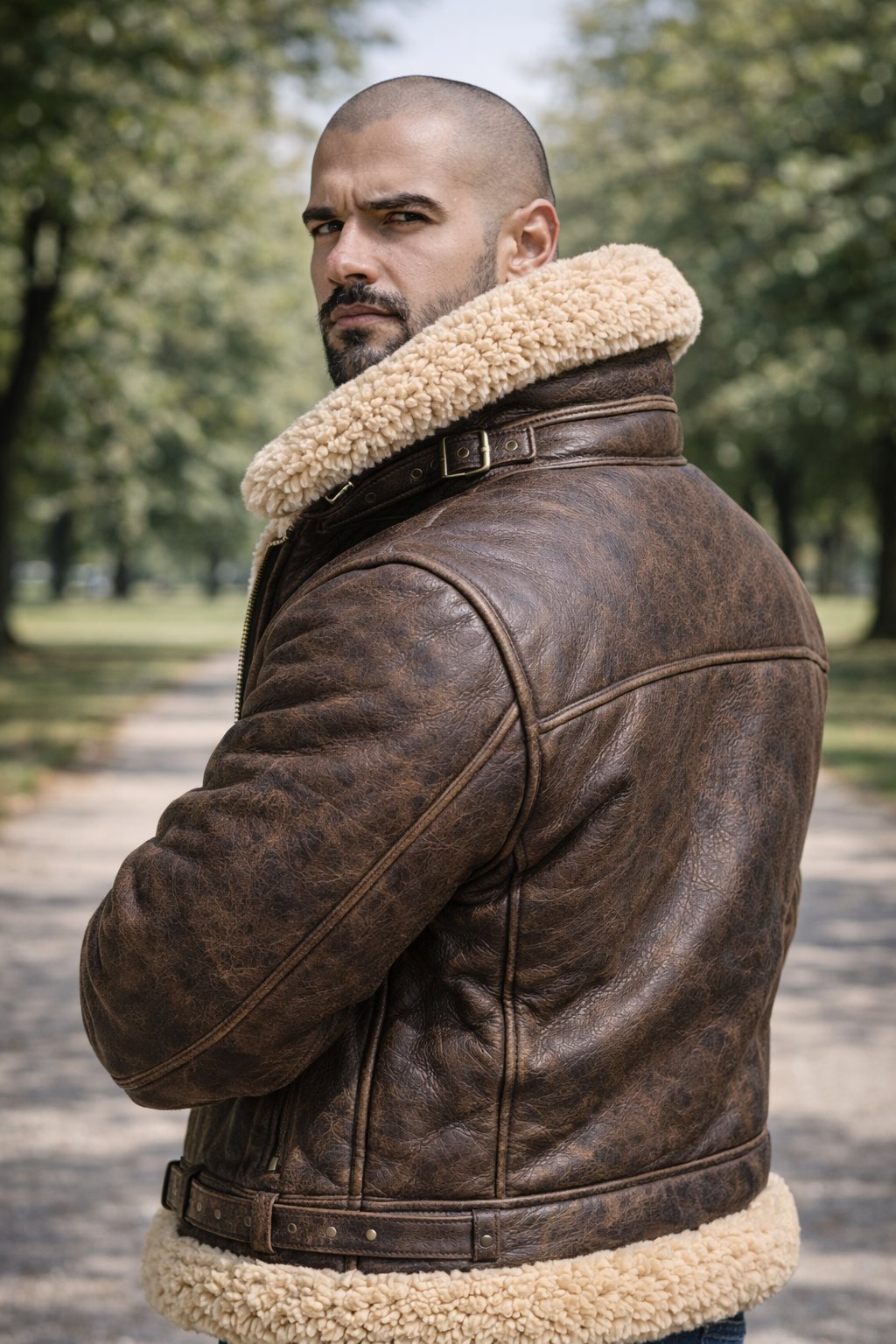 Blouson bombardier en cuir patiné, vue de profil, grand col shearling