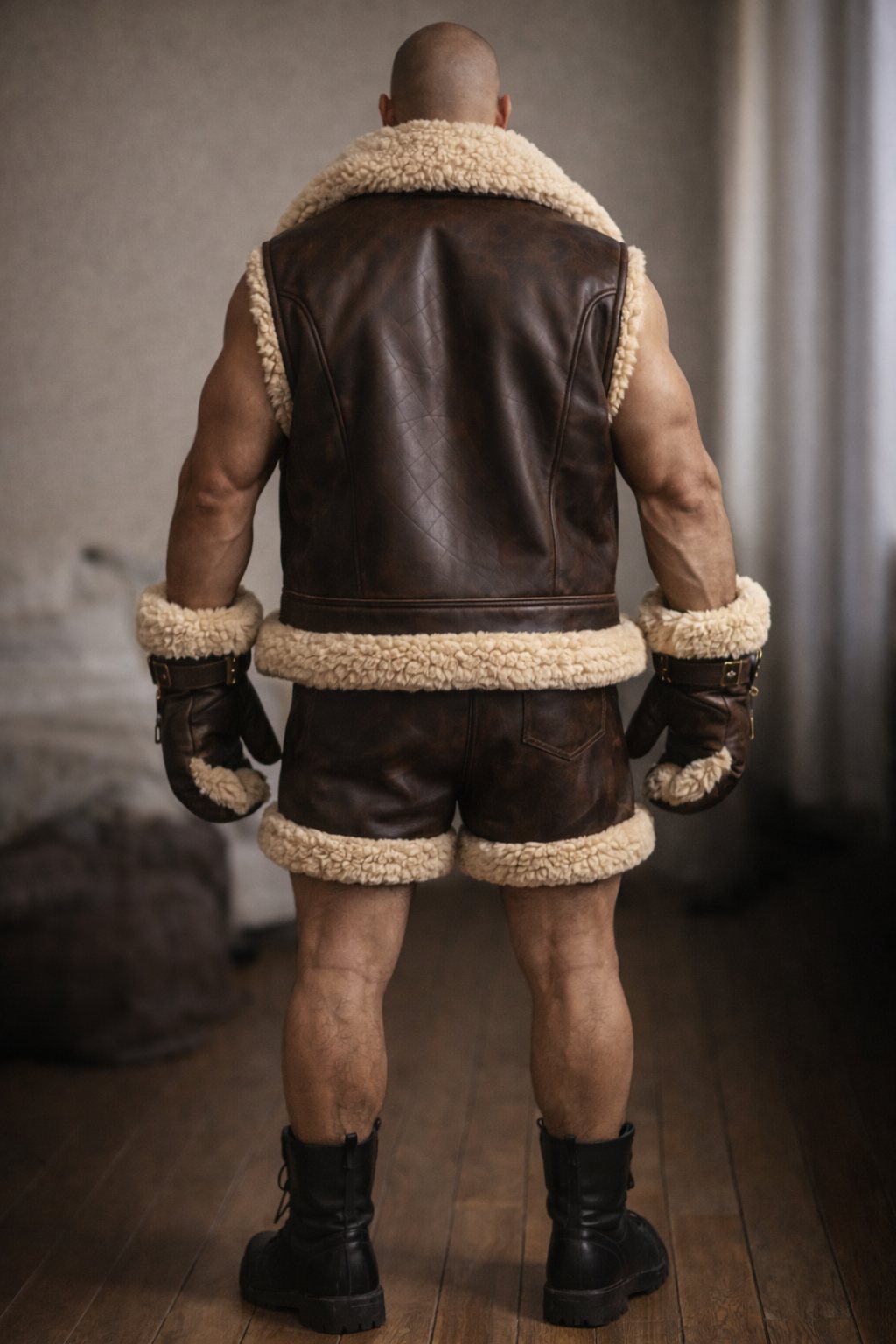 Dos sculptural d'un homme, gilet shearling, puissance calme