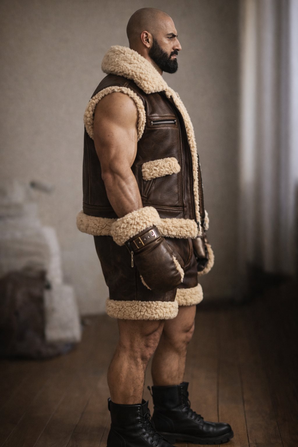 Profil d'un homme puissant en gilet shearling, laine aux poignets