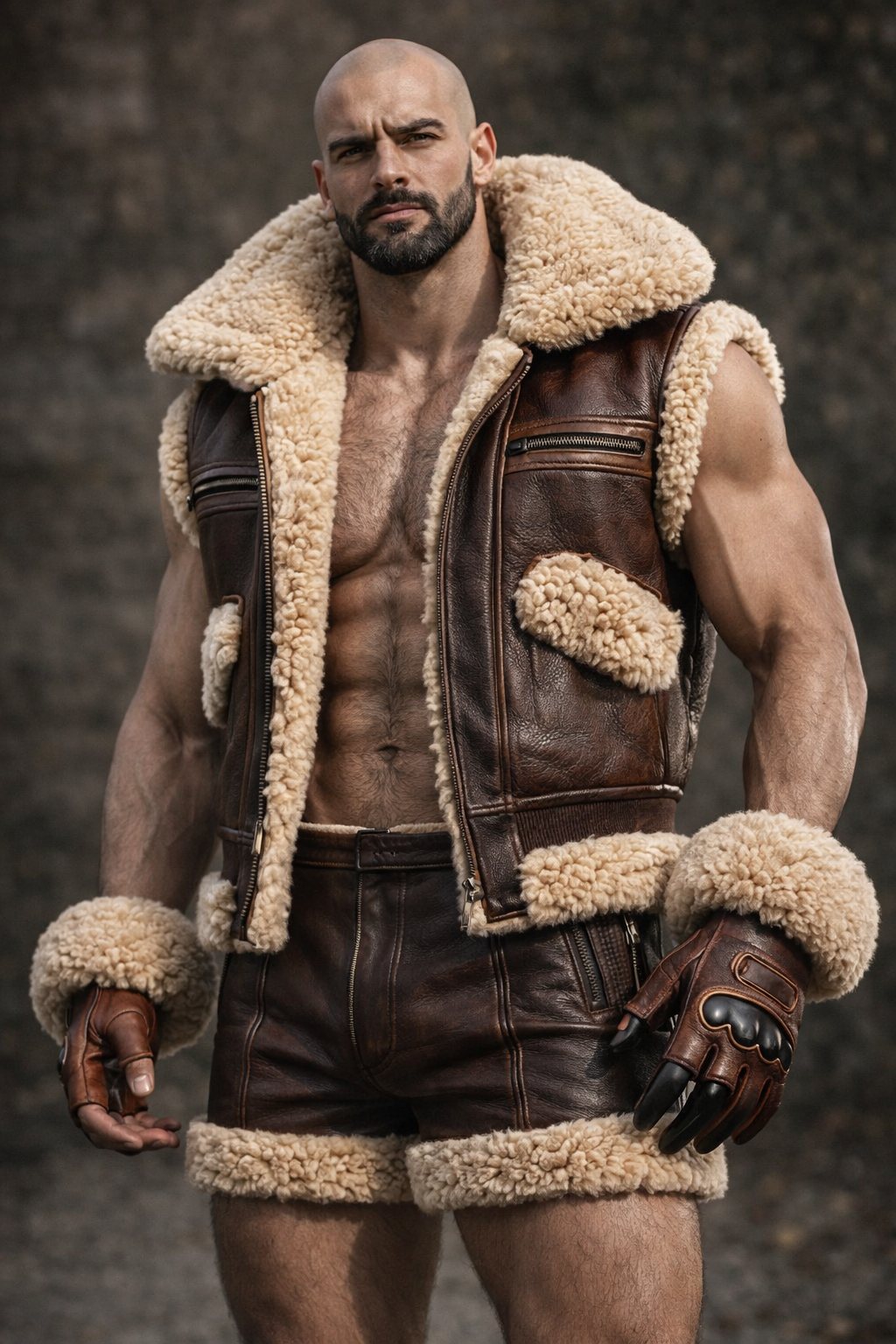 Homme torse nu sous un gilet shearling ouvert, puissance virile