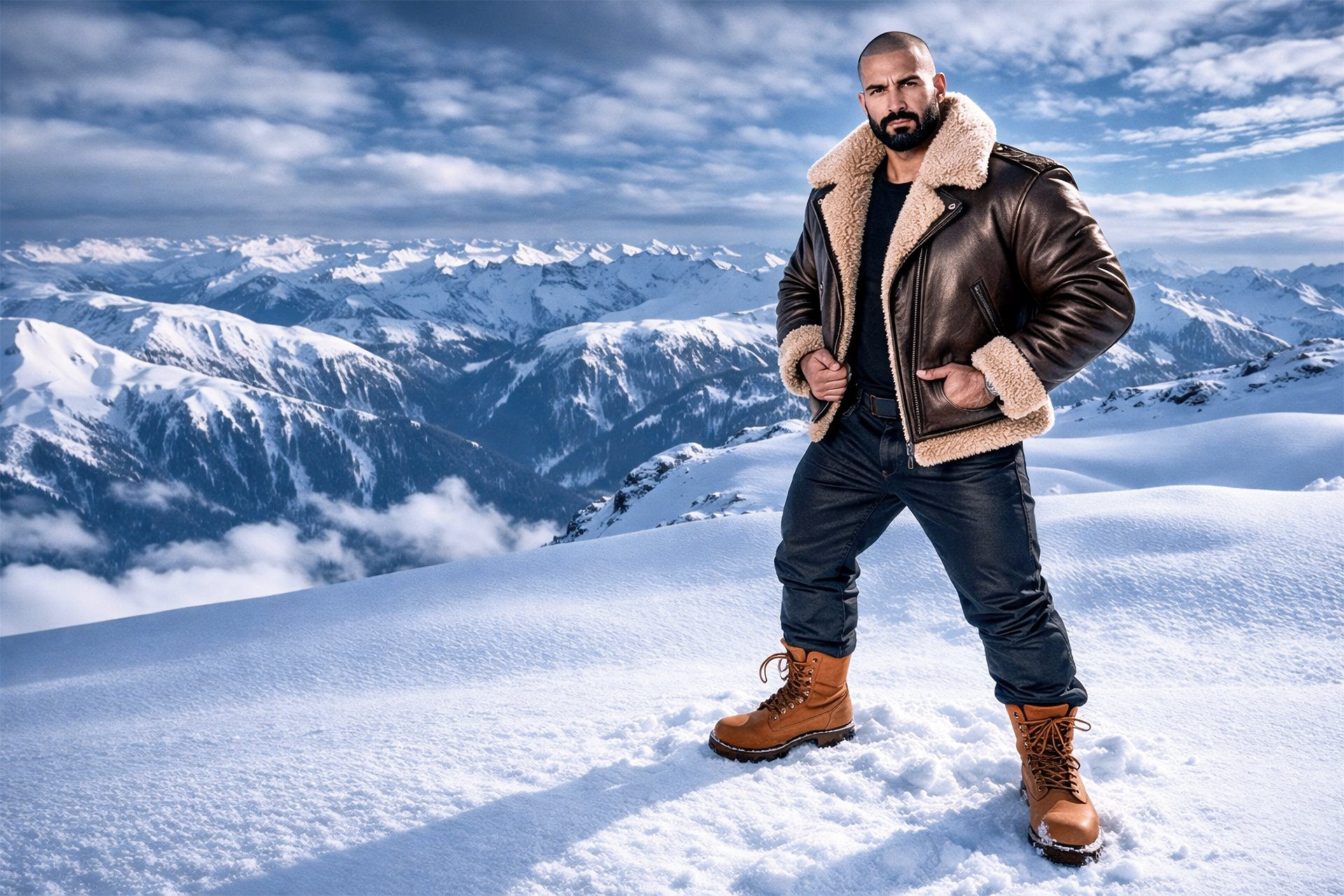 Homme en blouson shearling dans la neige, montagnes