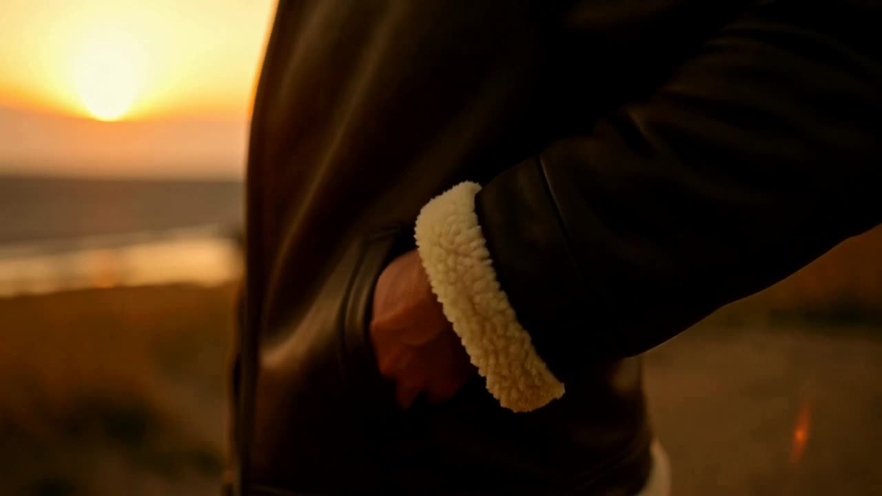 Main glissée dans la poche d'un blouson aviateur en cuir sombre, poignet bordé de fourrure de mouton crème, contre-jour de soleil couchant