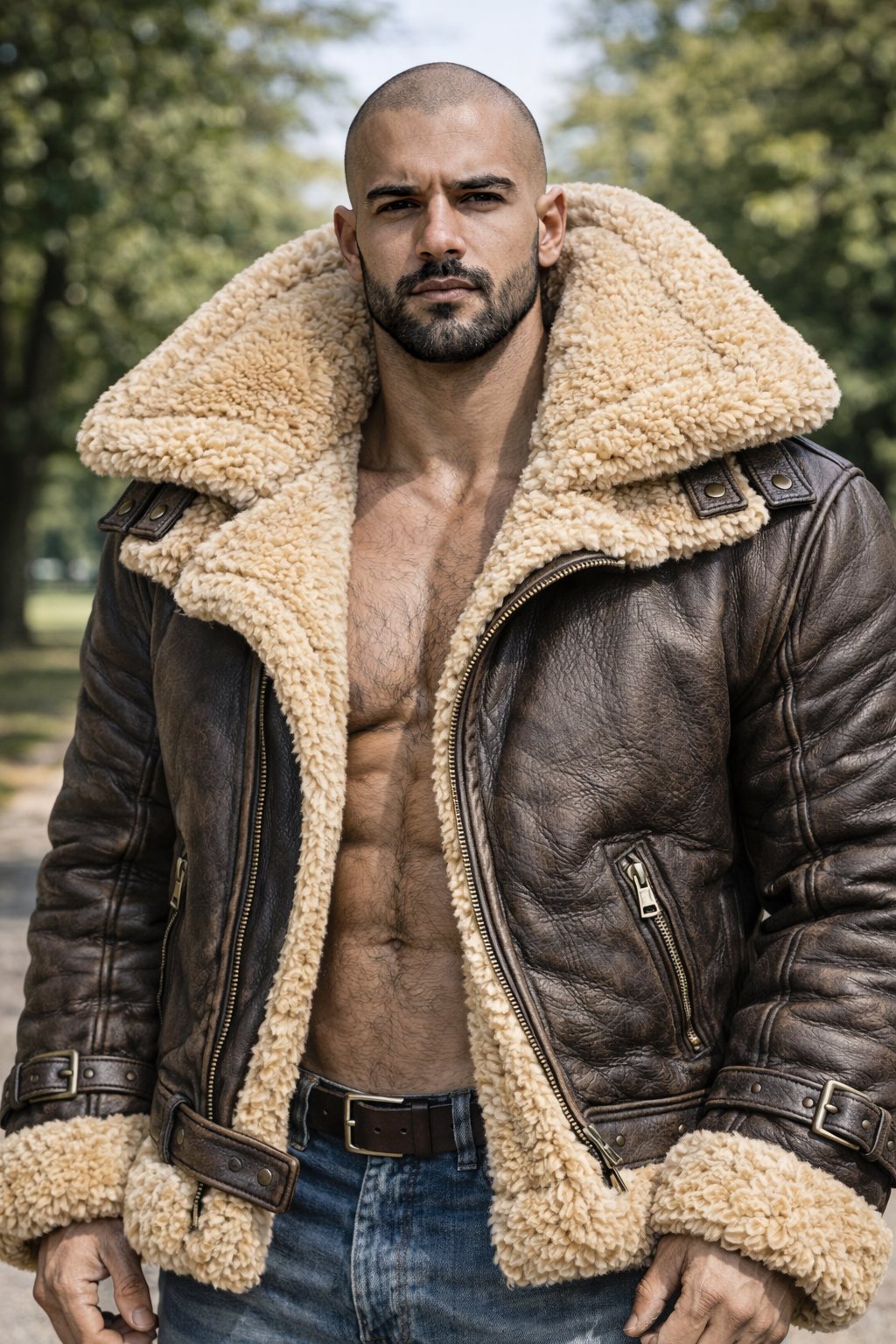 Homme charpenté en blouson aviateur shearling, présence virile