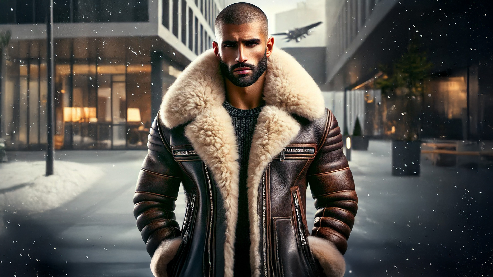 Homme barbu portant un blouson en cuir marron avec un col en mouton, debout dans une rue moderne enneigée avec un avion en arrière-plan.