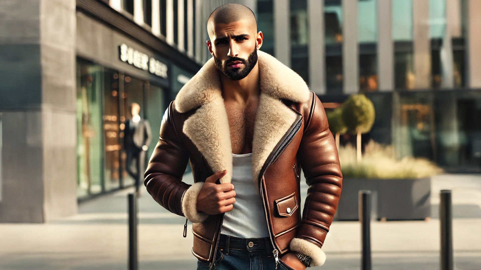 Homme barbu au style moderne portant un blouson en cuir marron avec un col en mouton, posant dans un environnement urbain éclairé par la lumière du jour.