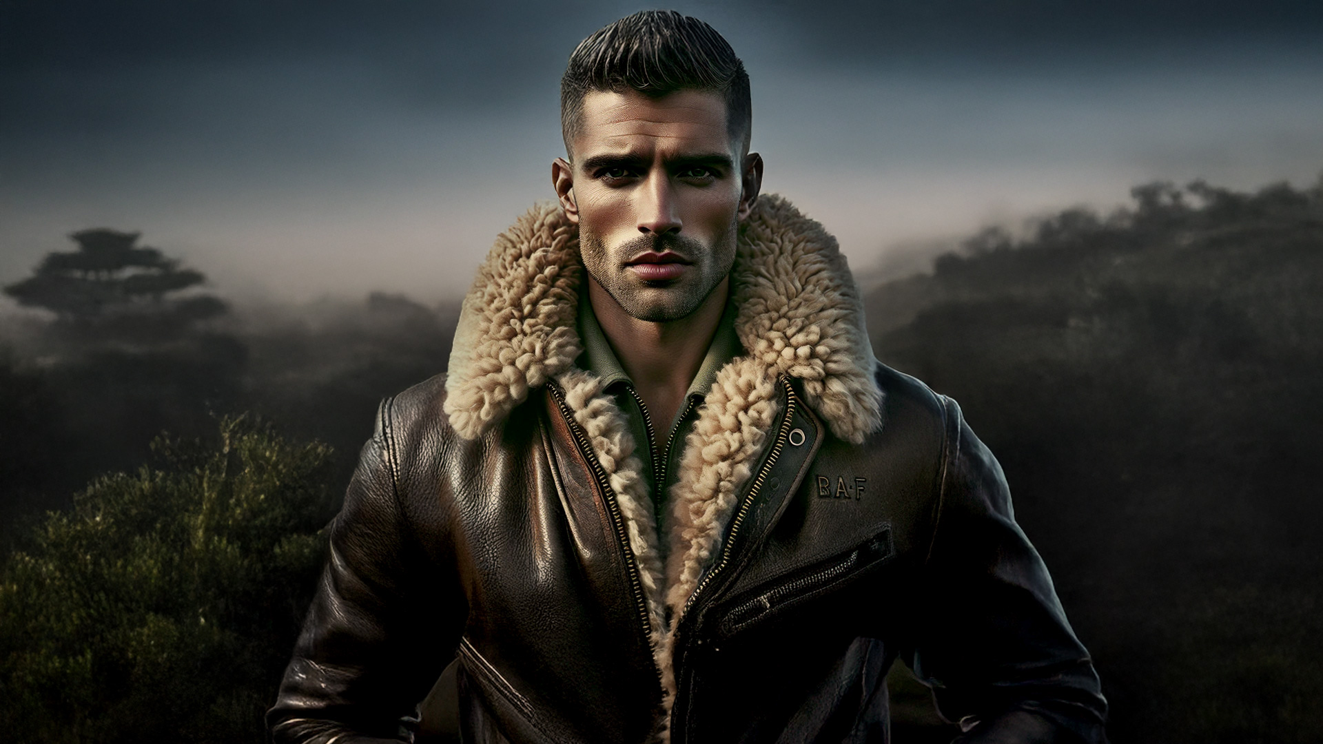 Homme en blouson aviateur marron avec cols en mouton, posant sous un ciel dramatique au coucher du soleil.