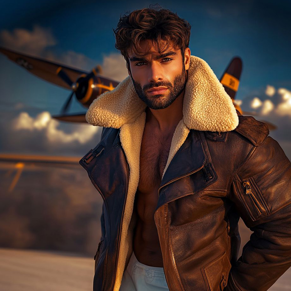 Homme aux cheveux bouclés, barbe, blouson aviateur cuir marron col mouton crème ouvert, avion à hélice, ciel crépusculaire.