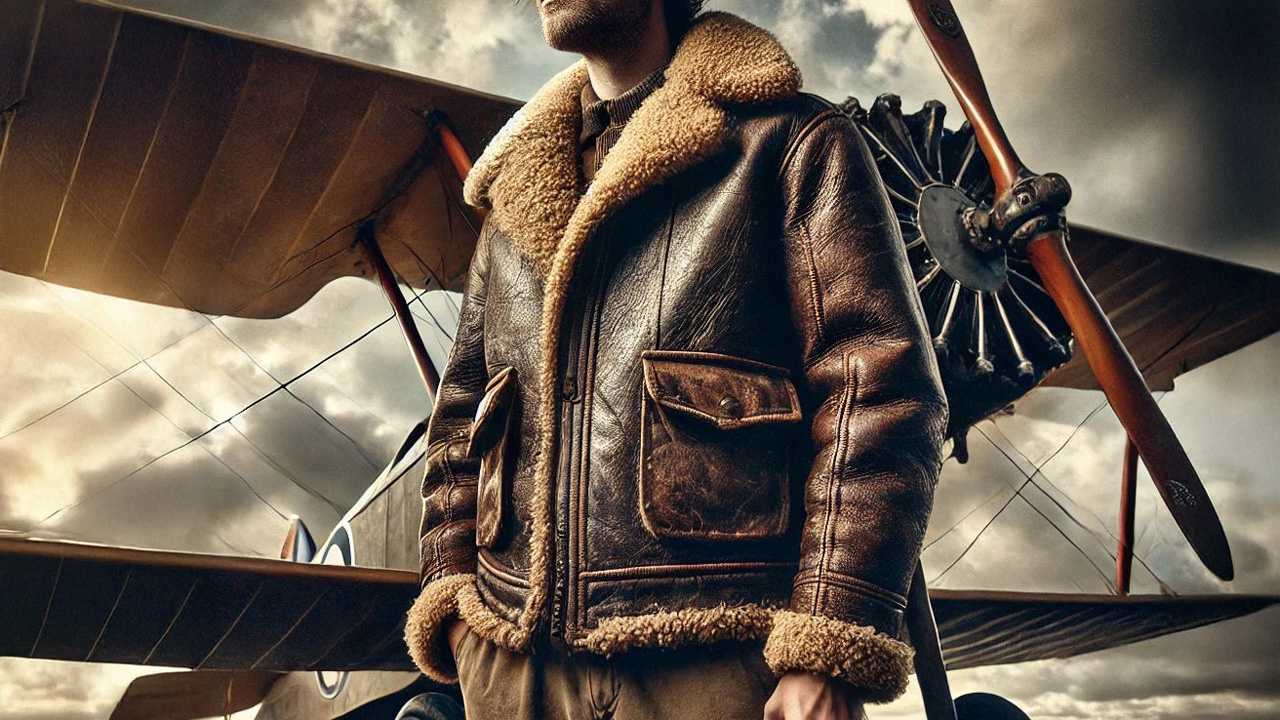 Blouson aviateur usé en cuir marron, porté devant un avion ancien, avec un ciel nuageux en arrière-plan.