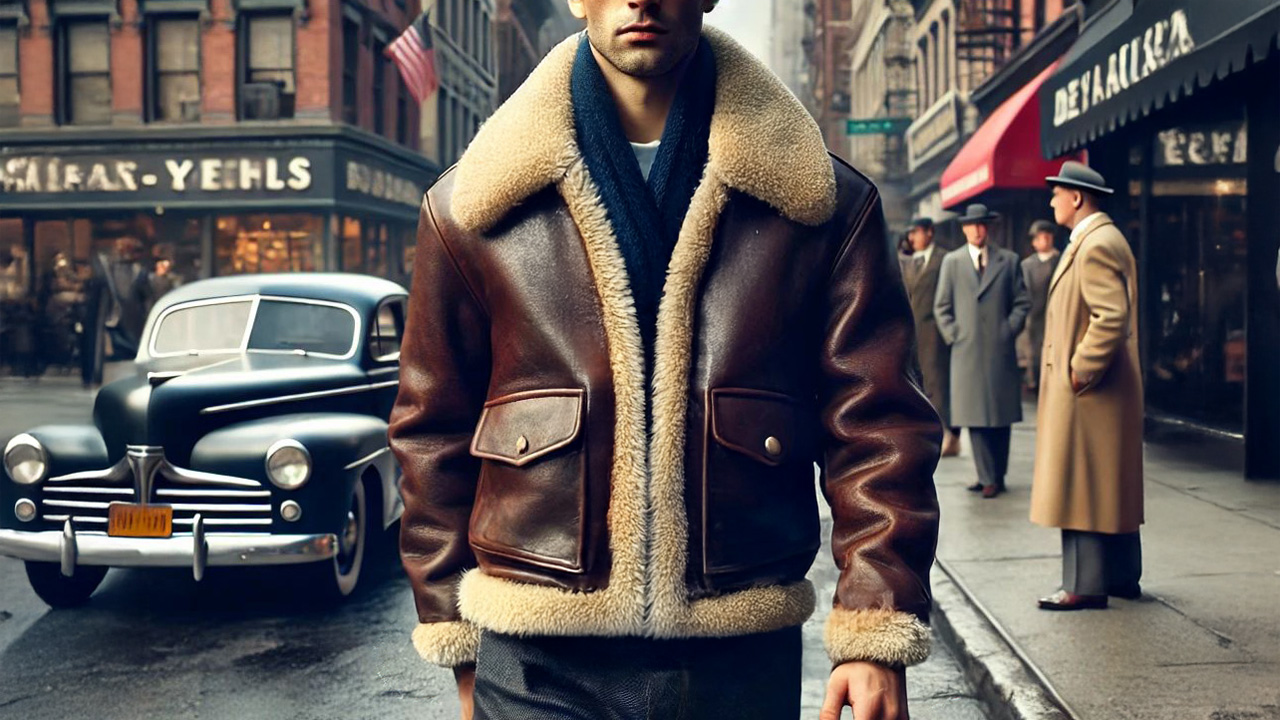 Homme portant un blouson aviateur marron dans une rue urbaine rétro, avec des voitures et des passants en arrière-plan des années 1940