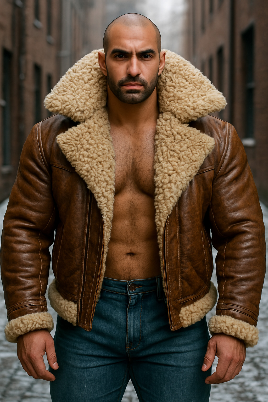 Crâne chauve et courte barbe, blouson aviateur cuir fauve ouvert sur torse velu, large col mouton crème, ruelle pavée.