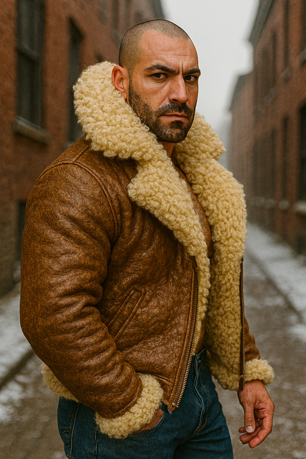Crâne chauve, barbe poivre et sel, de profil, blouson aviateur cuir fauve grainé, col mouton crème volumineux, ruelle enneigée.