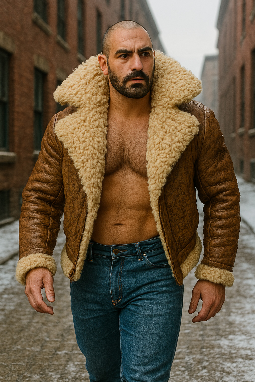 Crâne chauve et barbe fournie, il marche vers nous, blouson aviateur cuir fauve matelassé, épais col mouton crème, jean.