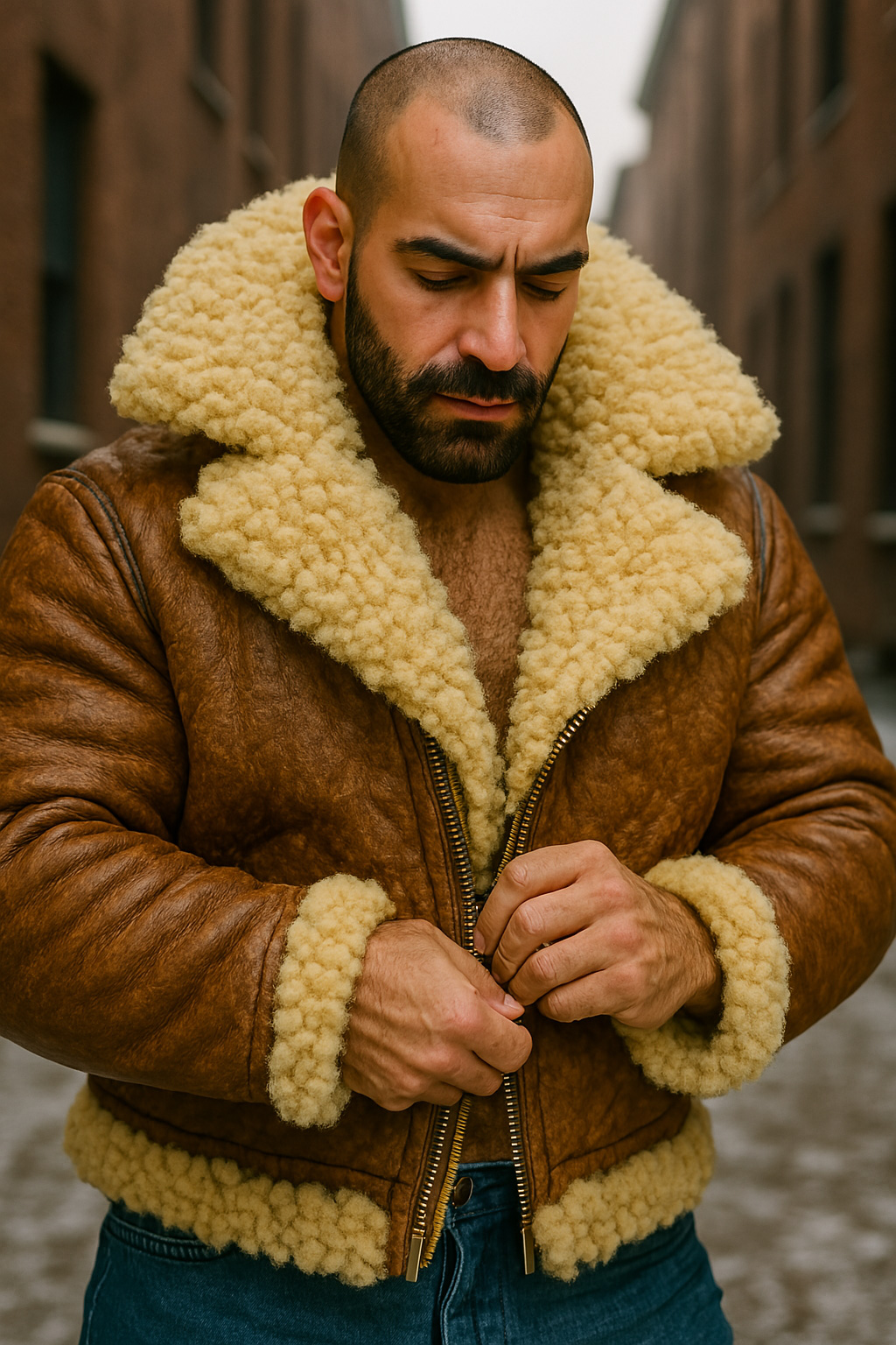 Crâne chauve, barbe courte, tête penchée, il ferme le zip du blouson aviateur cuir fauve, col mouton crème.