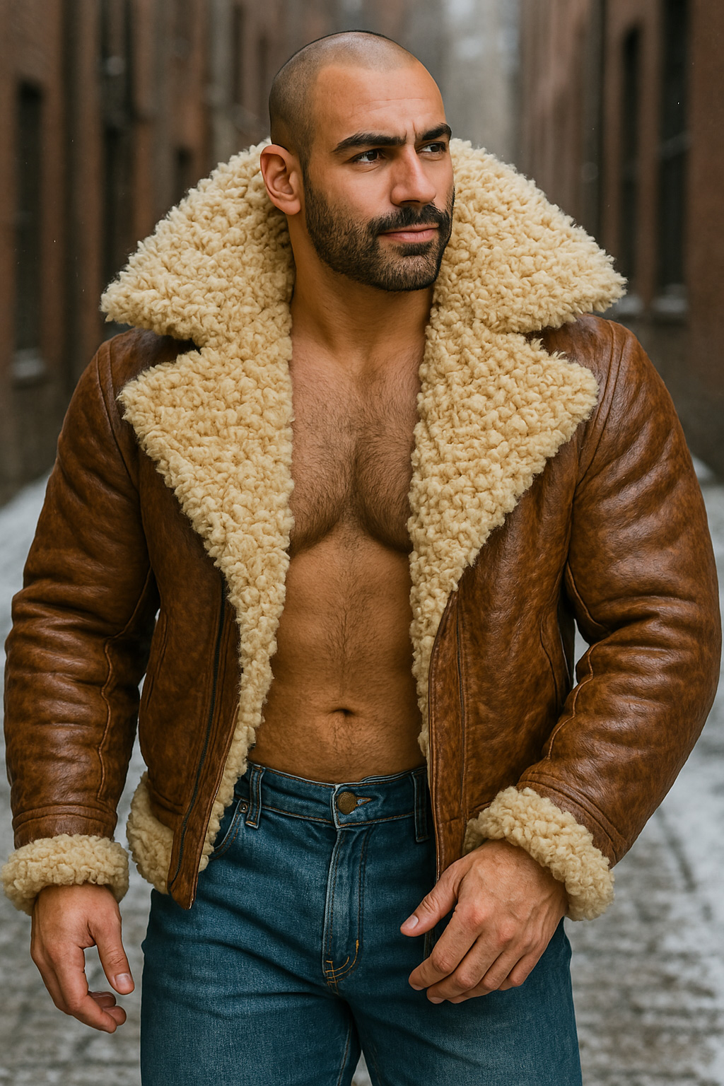 Crâne chauve et barbe brune, blouson aviateur cuir fauve ouvert, col mouton crème, regard tourné, torse nu, ruelle.