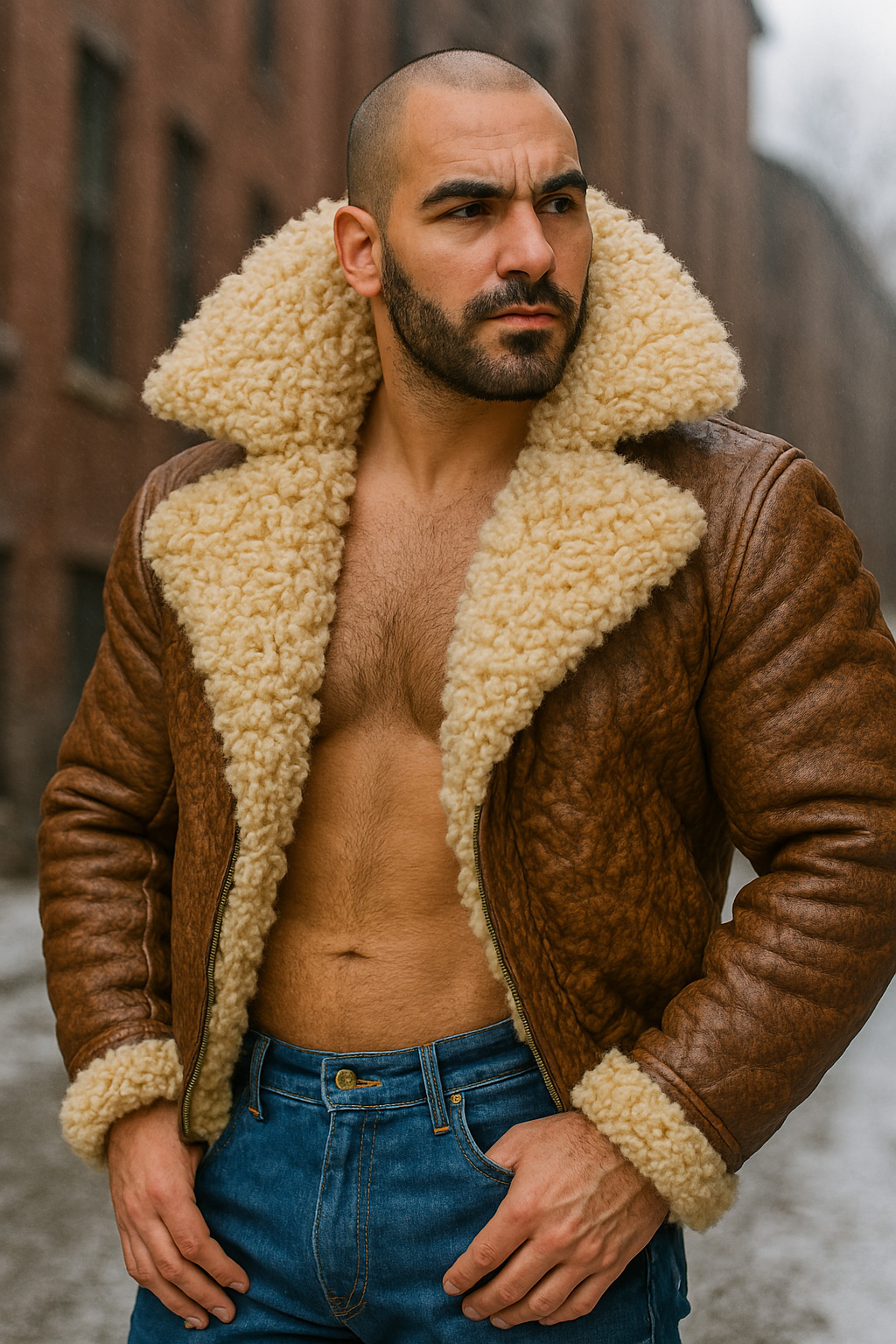 Crâne chauve et barbe noire, blouson aviateur cuir fauve ouvert, larges revers mouton crème, torse velu, main en poche.