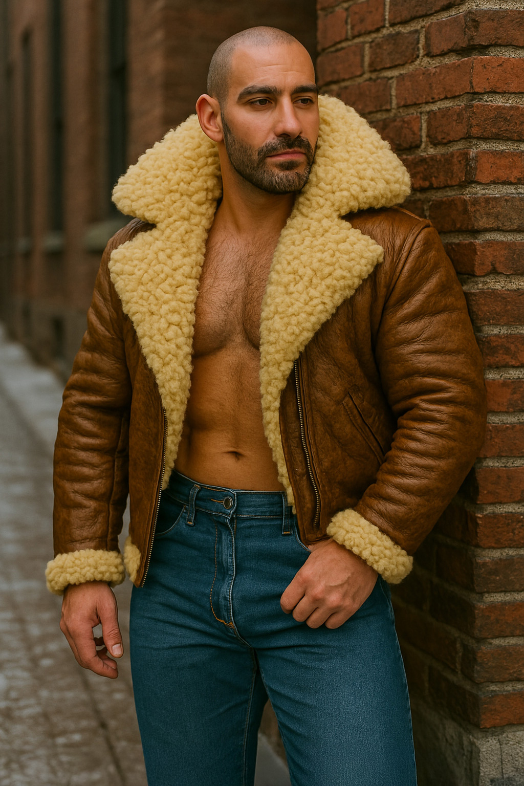 Appuyé à l'angle d'un mur, crâne chauve, blouson aviateur cuir fauve, épais col mouton crème, torse nu, regard songeur.