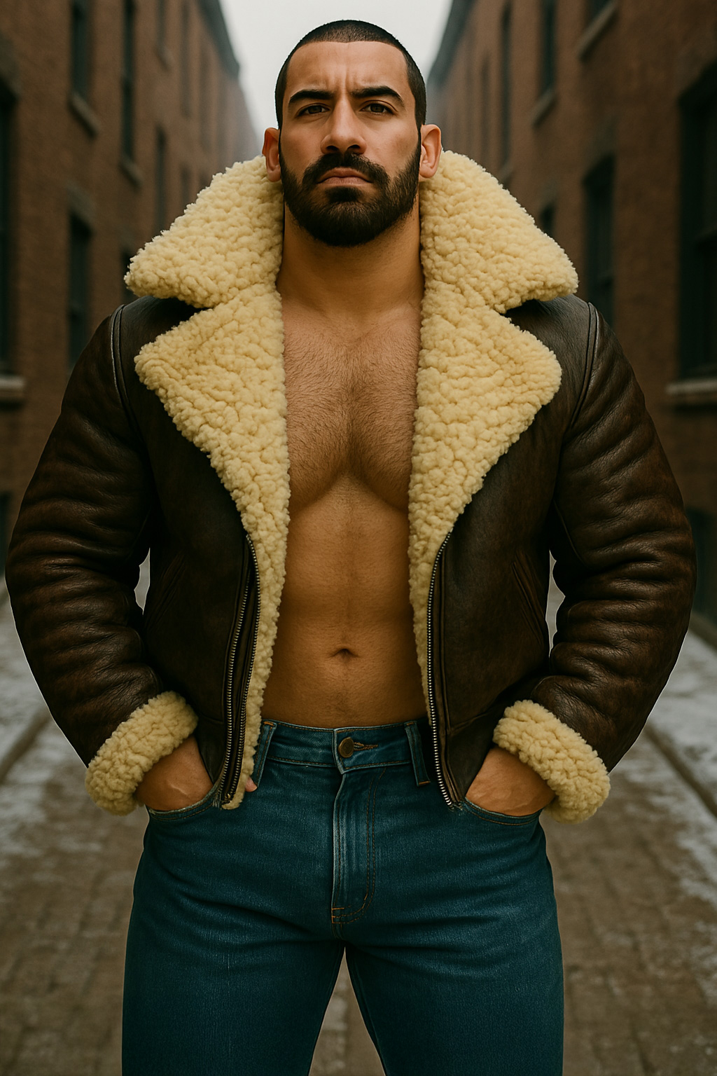 Cheveux ras, barbe fournie, blouson aviateur cuir brun foncé ouvert, col mouton crème, mains glissées dans les poches du jean.