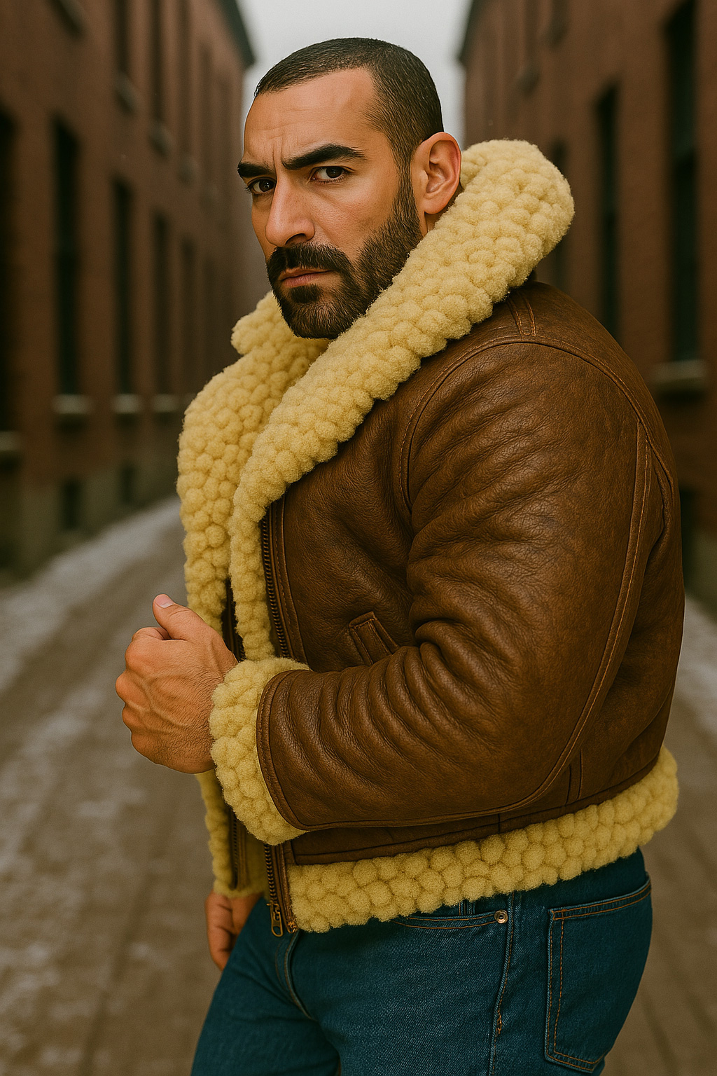 Cheveux ras et barbe noire, tourné, il serre le col mouton crème de son blouson aviateur cuir brun foncé.