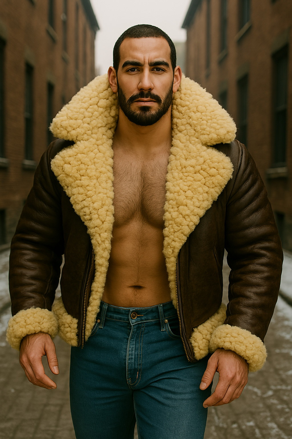 Cheveux ras et barbe noire, il avance d'un pas sûr, blouson aviateur cuir brun ouvert, larges revers mouton crème.