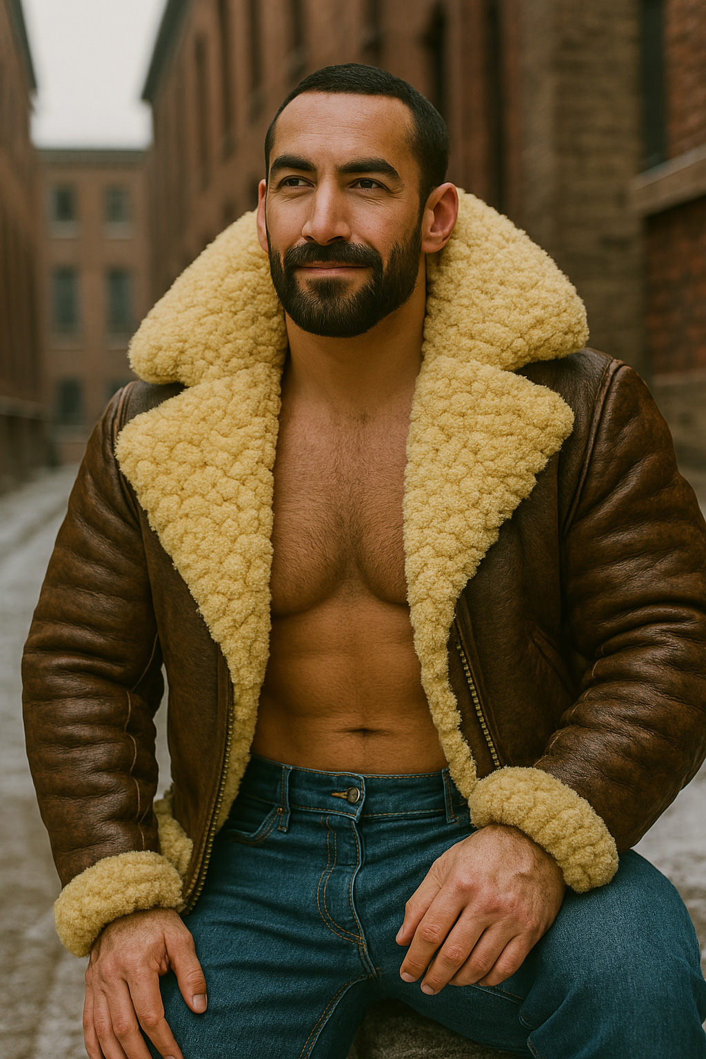 Assis, cheveux ras et barbe noire, blouson aviateur cuir brun ouvert, col mouton crème, main posée sur le genou.
