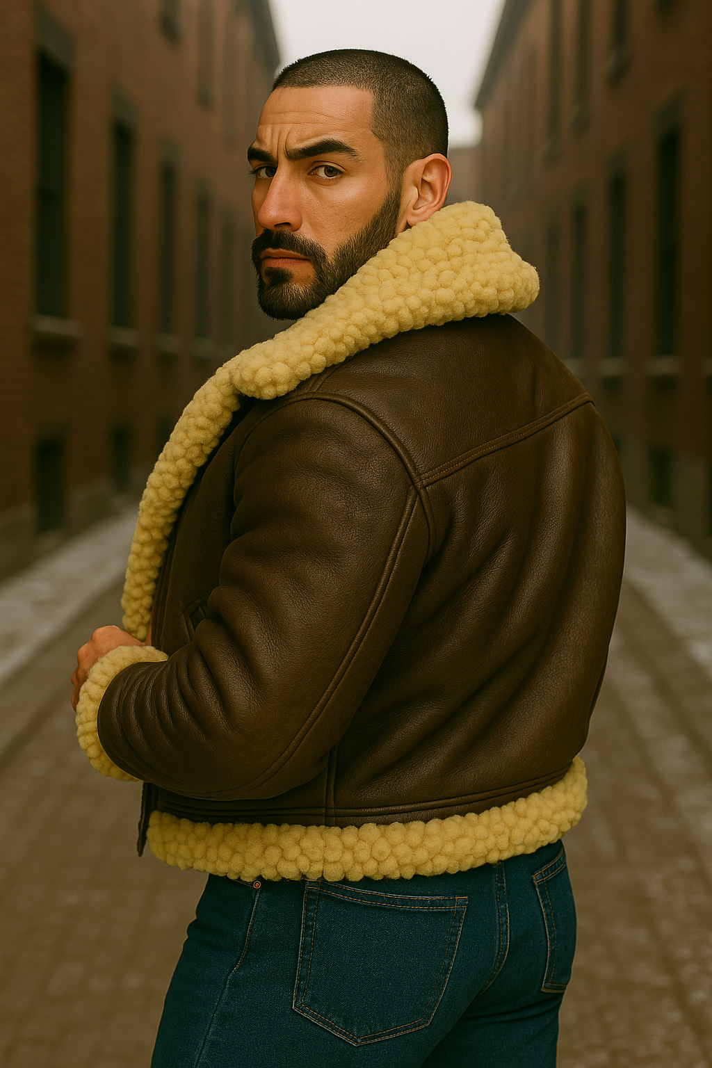 Vu de dos, cheveux ras et barbe noire, il se retourne, blouson aviateur cuir brun, col et ourlet mouton crème.