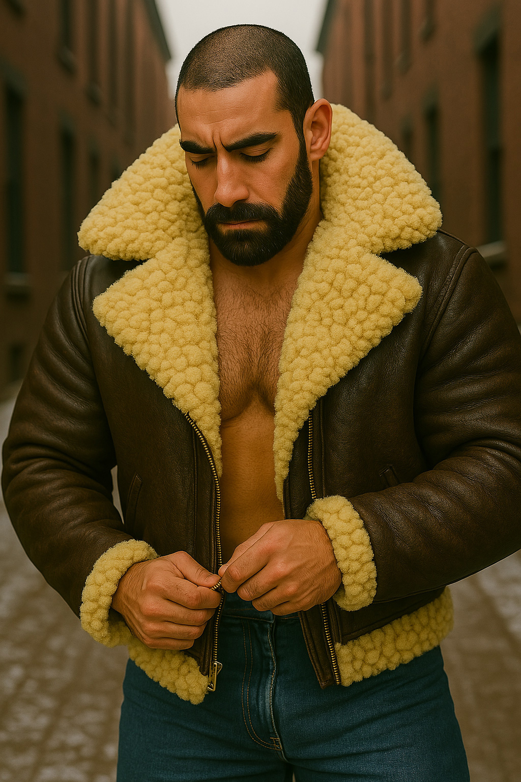 Cheveux ras, barbe noire, yeux baissés, il remonte le zip du blouson aviateur cuir brun, col mouton crème.