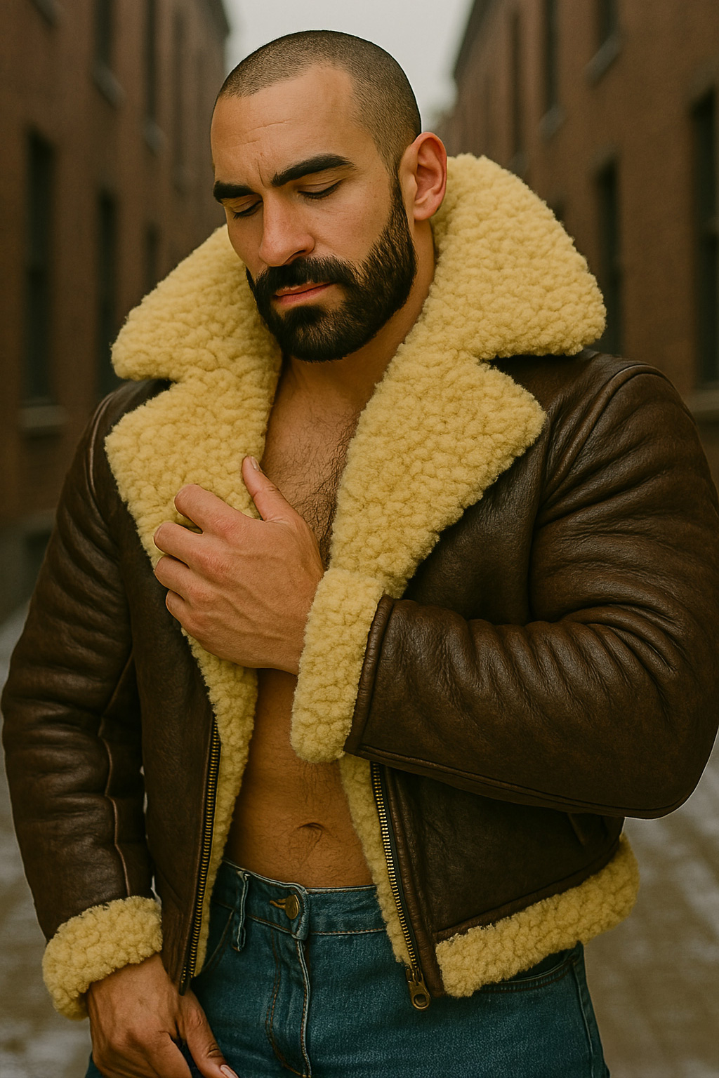 Crâne rasé et barbe noire, yeux clos, main sur le torse, il presse le col mouton crème, cuir brun.
