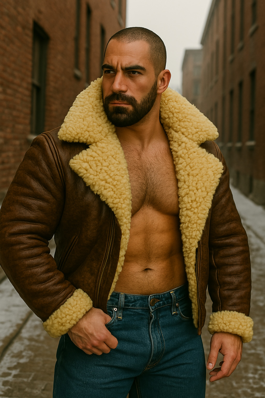 Cheveux ras et barbe noire, blouson aviateur cuir brun ouvert, col mouton crème, main au jean, regard latéral.